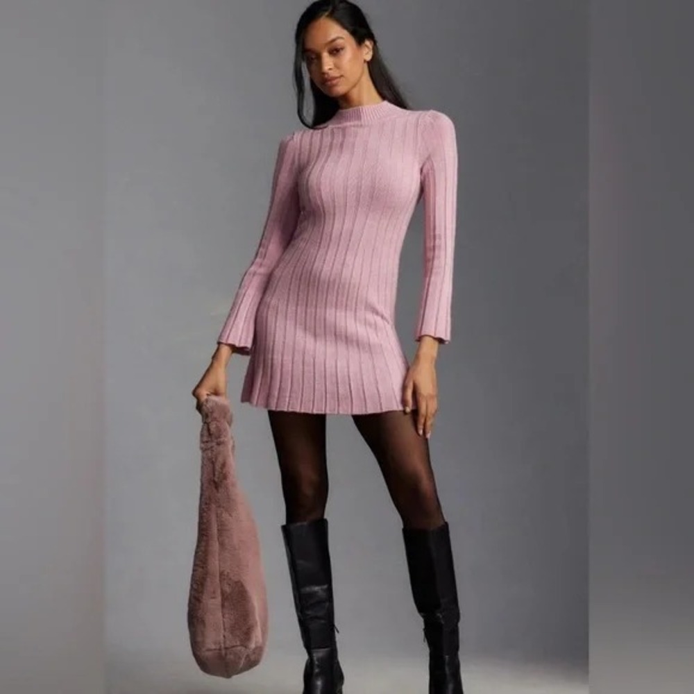NWT Anthropologie Long Sleeve A-Line Sweater Mini Dress Rose Pink Large